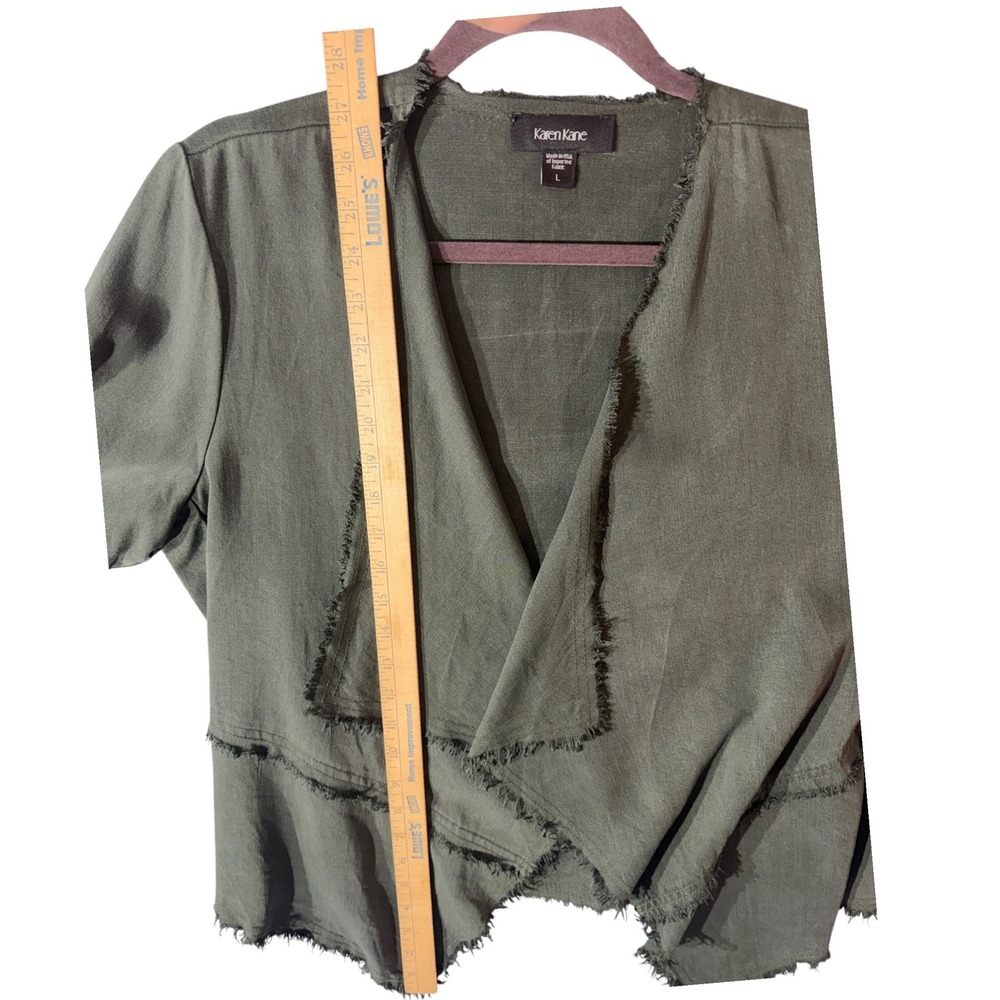 Karen Kane Womens L Olive Tencel Draped Jacket Raw Edge Open Front Made USA - Picture 7 of 9